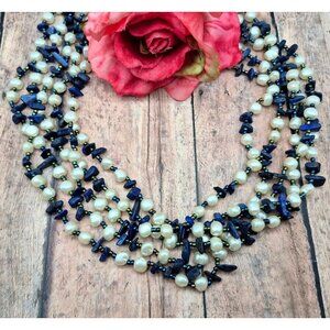 GCM Gerald C. Miller Faux Pearl Blue Chip Stone Multi Strand Collar Necklace 21"